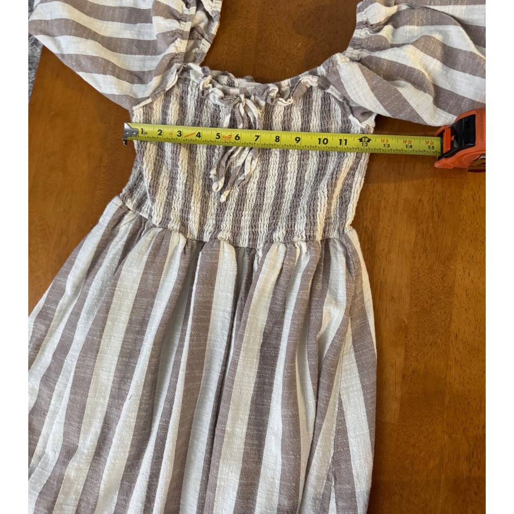 Saints & Hearts Tan White Striped Smocked Puff Sleeve Midi Dress Size Small - Picture 5 of 8